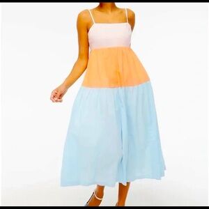 J. Crew Pink Orange Blue Colorblock Tie Back Tiered Midi Dress